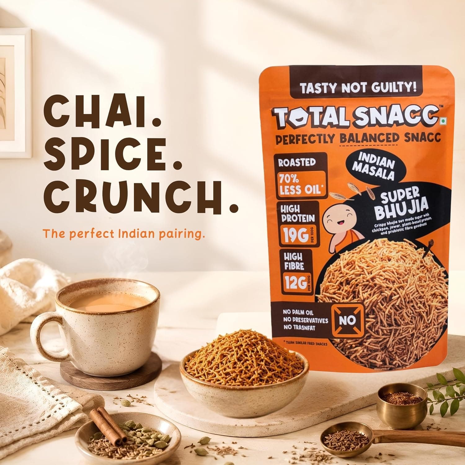 TOTAL SNACC Roasted Protein Bhujia Indian Masala 250g | Protein 19g, Fibre 12g per 100g | 70% Less Oil | No Palm Oil | Bhujiya Mixture Namkeen Snacks | Baked Snacks Healthy | Low GI — image 8