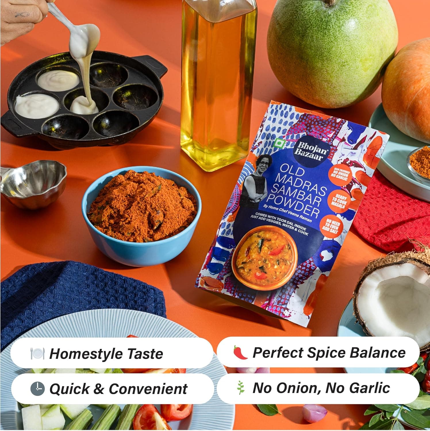 Bhojan Bazaar Old Madras Sambar Powder - Pack of 2, 70 g Each | No Onion No Garlic Ready To Cook in 10 min | Serves 4 | South Indian Sambar With Dal | Free From Preservatives, Colours & Flavours — image 6