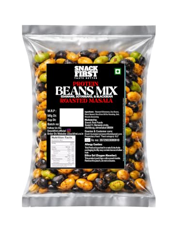 Snack First Roasted Protein Masala Beans Mix | No onion no garlic | no palm oil | 200G | 40G plant protein mixture | 3 In 1 mix | edamame, soyabeans, blackbeans | high protein | gym snack | healthy snack | crunchy & delicious | high fibre | minerals & vitamins |