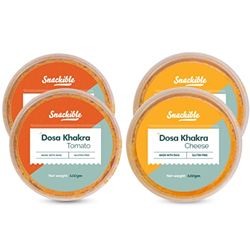 Snackible Crispy Cheese & Tomato Dosa Khakhra (Pack of 4) 4x100gm | Indian Healthy Snack | Made with Ragi | Ready to Eat | Source of Protein | No Palm Oil | Rich in Dietary Fibre | Zero Trans Fat |