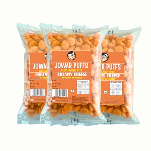 Snack First Baked Jowar Puffs Combo Of 3 Creamy Cheese, No Onion No Garlic, Jain, Puffed Jowar Puffs Healthy Snack, Diet-food, Low Calorie, Nutritious Snack, Healthy Namkeen, Each 100g, Pouch