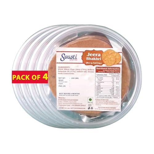 Svasti Dry Whole Wheat Jeera Bhakhri Snacks - 200 gms (Pack Of 4) | Roasted Healthy Gujarati Snacks | No Maida | No Artificial Colours | No Onion & Garlic | Vacuum Packed