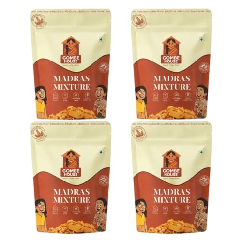 Gombe House Madras Mixture 120g Each (Pack of 4, 480g Total) South Indian Namkeen Snack Crispy & Tasty Tea Time Savory No Palm Oil & No Preservatives Vegan Friendly Traditional Homemade Flavor