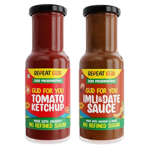 REPEAT GUD Healthy Sauces (Tomato Ketchup, Imili & Dates Sauce) | No Refined Sugar, Made With Jaggery | No preservatives | GUD For Kids | 100% Natural Ingredients & Chemical free (Pack of 2)