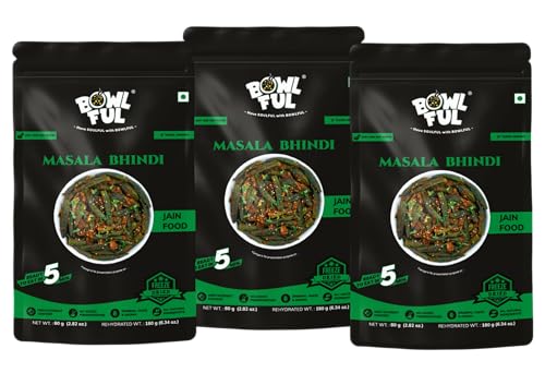 Bowlful Jain Masala Bhindi | Natural Ingredients | Ready-to-Eat Meal | Spiced Okra Curry Made Without Onion & Garlic | 80g Net Weight (180g After Rehydration) | Pack of 3 | No Added Preservatives & Colours | Microwaveable