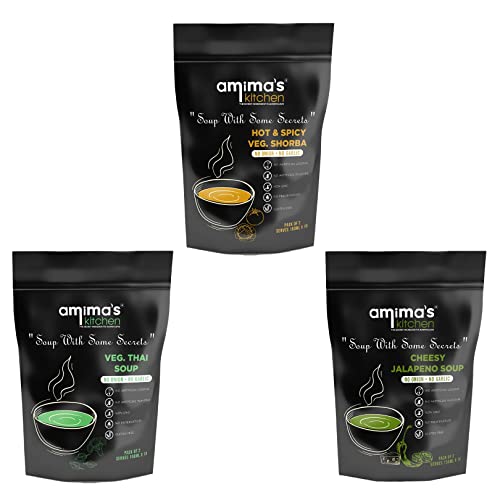 Amima's Kitchen Combo Of Hot & Spicy Veg. Shorba + Veg. Thai + Cheesy Jalapeno Jain Soup (No Onion No Garlic) - 100 Grams (Pack of 3) | Instant Soup Mix Powder | Ready To Cook | No Artificial Flavour & Colour | Gluten Free | Non GMO | Healthy Soup