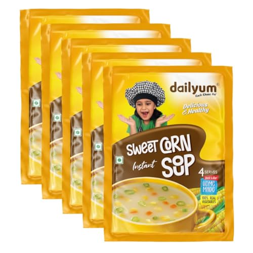 Dailyum Instant Sweet Corn Soup | Pack of 5 | Ready To cook Instant Soup |100% Natural | No MSG | No Chemical Preservatives | No artificial Flavours | Each 50g pack Serves 4