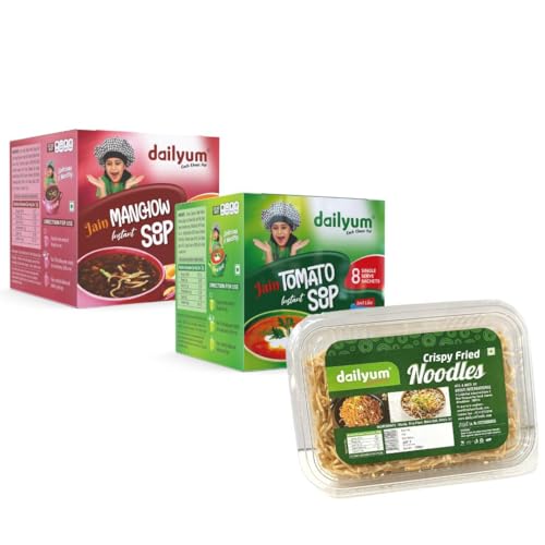 Dailyum Crispy Fried Noodles + Jain Instant Soup Box-Tomato and Manchow| 8 Single Serve Sachets,12g Each| Sip-A-Soup| Natural | No MSG | Pack of 3 Box