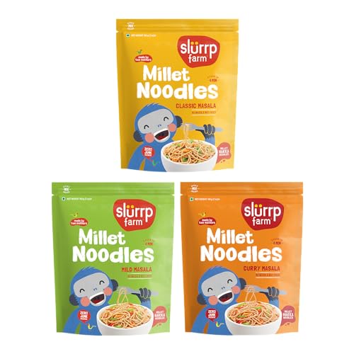 Slurrp Farm No Maida Hakka Noodles Combo, Not Fried, No MSG, Classic, Mild and Curry Masala Millet Noodles, Pack of 3 X 192 g