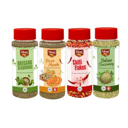 Bhoj Masale Oregano Seasoning + Pizza Masala + Chilli Flakes + Italian Seasoning - COMBO PACK OF 4 Jain Seasonings Sprinklers