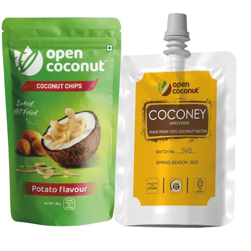 OPEN COCONUT Potato Flavor Baked Chips (90 gm) & Coconut Honey Bee-Free Honey from Coconut Nectar (250 gm) | Vegan, Jain Friendly, No Added Sugar | Healthy, Tasty & Crispy Snacks