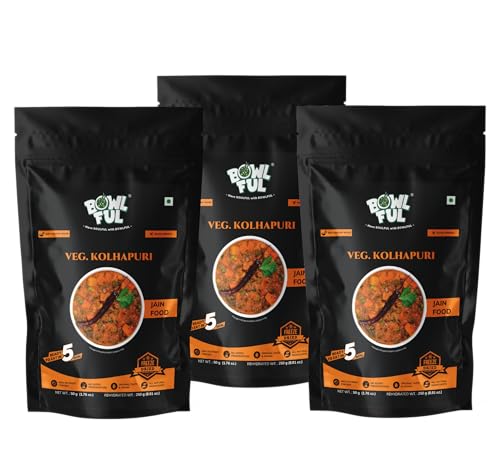 Bowlful Jain Veg Kolhapuri | No Onion No Garlic | Spicy Mixed Veg Curry Kolhapuri Style | Instant Meal | 50g Net Weight (250g After Rehydration) | Pack of 3 | No Added Preservatives & Colours | Microwaveable