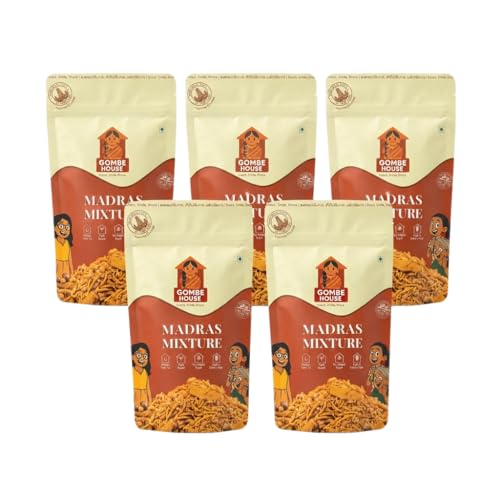 Gombe House Madras Mixture 120g Each (Pack of 5, 600g Total) Authentic South Indian Namkeen Crispy Crunchy Tea Time Snack No Palm Oil No Preservatives Vegan Traditional Homemade Taste