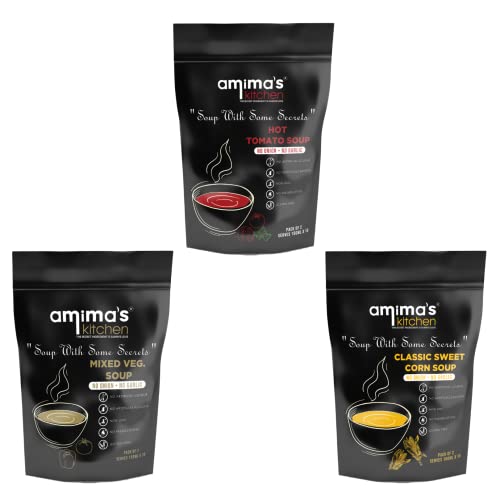 Amima's Kitchen Combo Of Hot Tomato + Mixed Veg. + Classic Sweet Corn Jain Soup (No Onion No Garlic) - 100 Grams (Pack of 3) | Instant Soup Mix Powder | Ready To Cook | No Artificial Flavour & Colour | Gluten Free | Non GMO | Healthy Soup