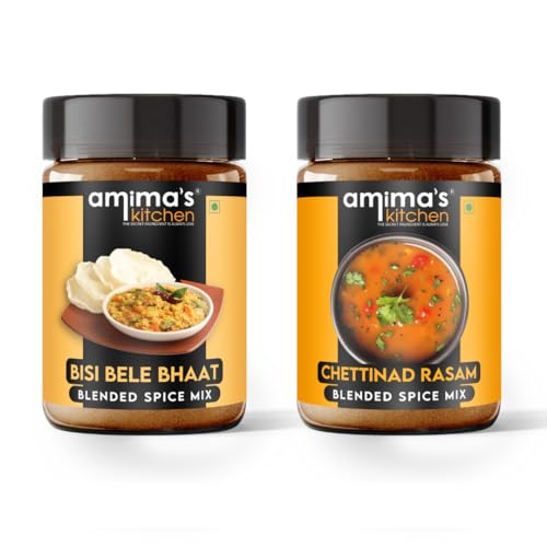 Amima's Kitchen Combo Of Bisi Bele Bhaat + Chettinad Rasam Jain Spice Mix (No Onion No Garlic) – 100 Grams (Pack of 2) | Blended Spice Mix | For Healthy and Delicious Cooking | No Synthetic Flavour & Color | Ready Masala Powder
