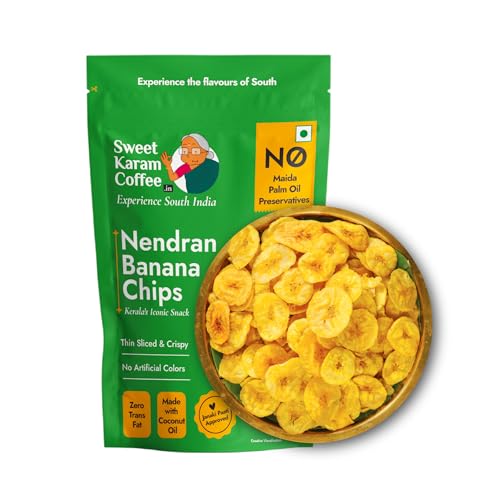 Sweet Karam Coffee Nendran Banana Chips – 95 grams | Made with 100% Coconut Oil | No Preservatives | Kerala Special Crispy, Thin Sliced Yellow Plantain Wafers | Healthy Tea Time Snack