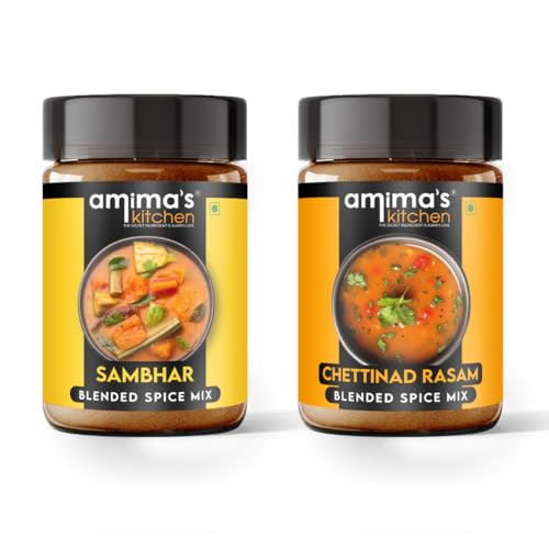 Amima's Kitchen Sambhar + Chettinad Rasam Masala Powder Combo | Jain Spice Mix (No Onion No Garlic) – 100 Grams (Pack of 2) | Blended Masala Powder | For Healthy and Delicious Cooking | Ready Masala Powder