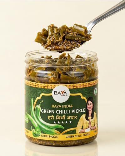 Baya India Homemade Hari Mirchi ka Achar | Green Chilli Pickle | Teekha mast | Spicy & Tangy | No Chemical & No Preservatives | Sun-Dried | No Vinegar | No Garlic & No Onion | 350g Plastic Jar