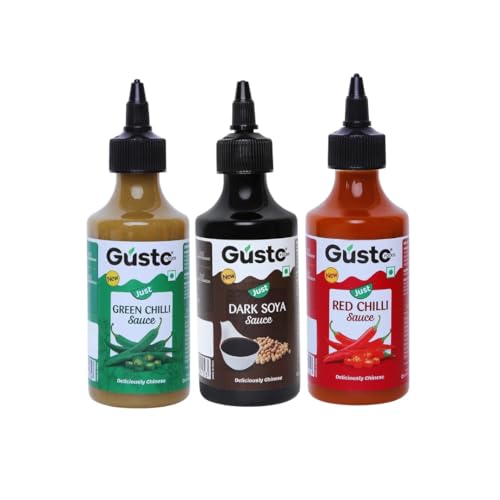 Gusto Foods Chinese Sauces Combo | Red Chilli 200gm + Green Chilli 190gm + Soya Sauce 210gm | Asian Sauces Combo | Ideal for Fried Rice, Noodles, Paneer & Vegetables | No chopping or Prep needed