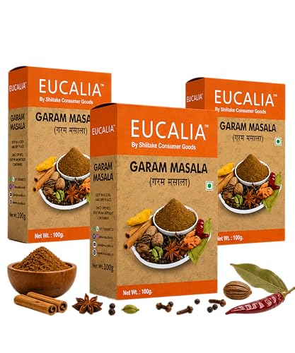 EUCALIA Garam Masala Pack of 3 (100g) | Aromatic Spice Blend for Curries, Rice & Gravies | Authentic Indian Taste | No Preservatives | Rich, Warm & Aromatic Flavour for Everyday Cooking | Sattvik No Onion No Garlic (NONG) | Total 300g