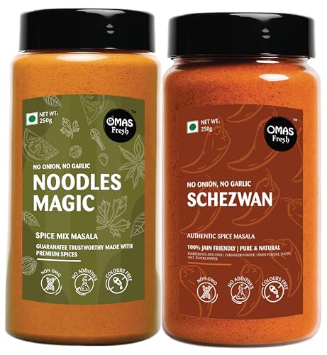 Omas Fresh No Onion No Garlic Noodles Magic Masala & Schezwan Seasoning | 250g × 2 Combo Pack | Spicy Flavour Duo for Noodles, Pasta & Everyday Cooking