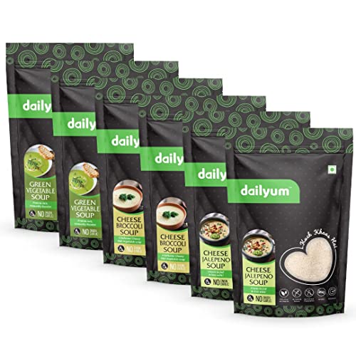 Dailyum Premium Instant Soup Combo of 6 | No Onion No Garlic | 2 Green Veg. Soup 50g | 2 Cheese Broccoli Soup 50g | 2 Cheese Jalepeno Soup 50g | Natural | No MSG | Jain