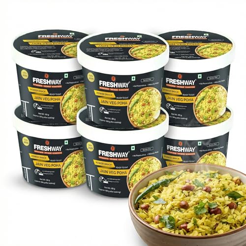 Freshway Jain Veg Poha Quick & Easy Ready to Eat Healthy Snack | 100% Jain No Onion No Garlic No Preservatives | Nutritious & Delicious Breakfast or Anytime Meal | Made with Real Veggies | Lightweight Travel Friendly Ideal for Office Hostel & Travel | Pack of 6