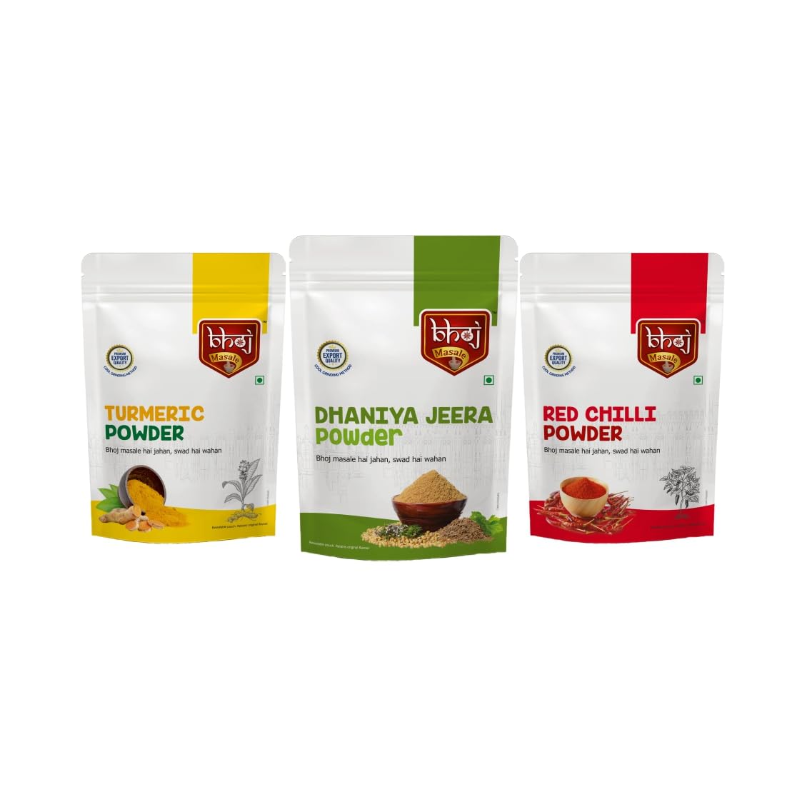 Bhoj Masale Haldi ,Jeera Dhaniya And Red Chili Powder Combo Pack 200GM Each | Aromatic Spice for Flavorful Indian Cooking | For Flavorful Cooking | No Artificial Flavor Added. No Colour, No Preservatives, No Onion & No Garlic (Jain Masala)