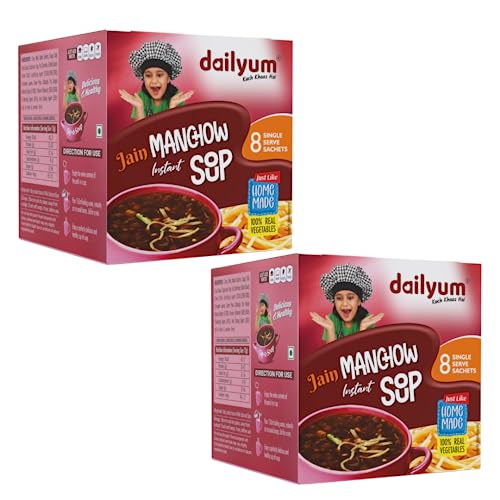 Dailyum Jain Instant Manchow Soup| 8 Single Serve Sachets | Just Boil-Stir-Sip | 12g Each Sip-A-Soup| Natural | No MSG | Pack of 2 Box | Travel friendly