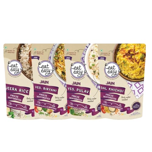 Eat Easy Ready To Eat Jain Rice Combo of 4- Jain Jeera Rice, Pulav, Biryani, Dal Khichdi | Just Add Water and Cook | No Onion, No Garlic | Freeze Dehydrated Instant Rice for Travel, Hostel, Trekking, Camping, Hiking