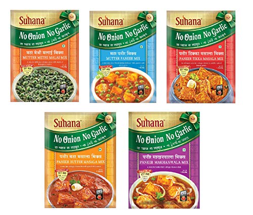 Suhana No Onion No Garlic, NONG Jain Special Combo of 1 X Pan Tikka Masala, 1 X Mutter Pan, 1 X Pan Butter, 1 Mutter Methi Malai, 1 X Pan Makhanwala Masala Mixes.