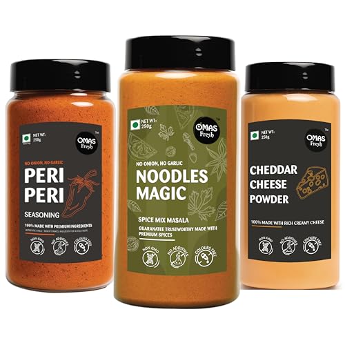 Omas Fresh No Onion No Garlic Noodles Magic Masala, Peri Peri & Cheddar Cheese Powder | 250g × 3 Combo Pack | Spicy & Cheesy Flavour Trio for Noodles, Pasta & Everyday Cooking