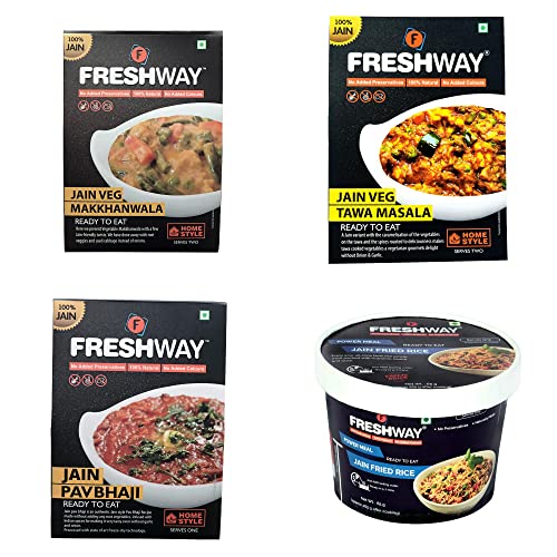 Freshway Ready to Eat Jain Combo Pack Fried Rice, Tawa Masala, Veg Makhanwala & Pav Bhaji | 100% Vegetarian | No Onion No Garlic | Instant Heat and Eat Indian Meal | Healthy, Convenient & Travel Friendly