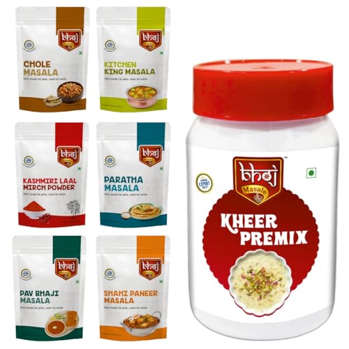 Bhoj Satvik Masala Festival 7 in 1 Combo | 1 Kheer Premix Jar + 6 Masalas Zip lock Pouches |200g Each: Kheer Premix, Shahi Paneer Masala, Kashmiri Laal Mirchi Powder, Kitchen King Masala, Paratha, Pav Bhaji, Chole Masale (All Jain Friendly)