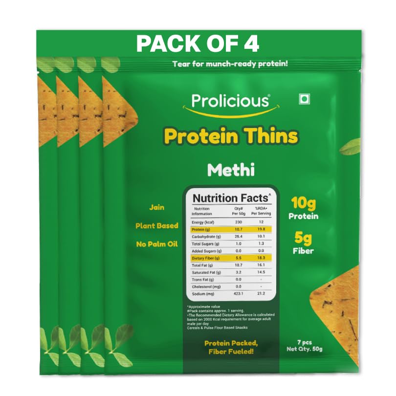 Prolicious Thins Methi High Protein Chips | Upgrade Your Snacking | 10g Protein + 5g Fibre | Same Crunch, Snack Smarter | Plant Based, Jain | No Palm Oil | 50g, Pack of 4