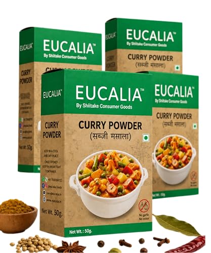 EUCALIA Satvik (No Onion - No Garlic) Curry Powder (Sabji Masala) Pack of 4 (50g) | Bold & Aromatic Spice Blend | Rich Colour | No Added Colours or Preservatives | Perfect for Vegetarian Dishes & Everyday Cooking | Sattvik No Onion No Garlic (NONG) | Total 200g