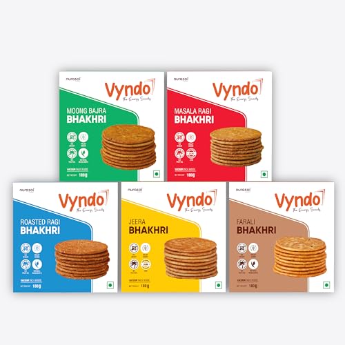 Vyndo All Bhakhri Combo – Pack of 5 (180g Each) | Millet Snacks, Gluten-Free, Healthy Energy Snack for Kids & Adults | Moong Bajra, Masala Ragi, Roasted Ragi, Farali, Jeera
