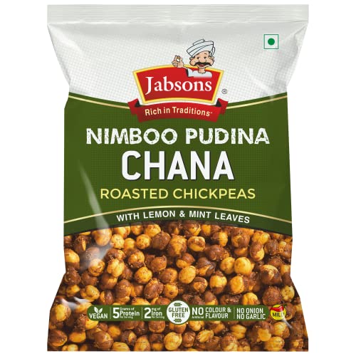 Jabsons Roasted Chana Nimboo Pudina, 150gm | 100% roasted No Onion No Garlic | Roasted Chana Namkeen Snacks Gluten-Free | Crunchy Protein Snacks | Pudina Lemon Flavour chana Ready to eat