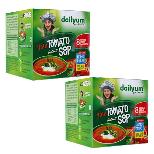 Dailyum Jain Instant Tomato Soup| 8 Single Serve Sachets | Just Boil-Stir-Sip | 12g Each Sip-A-Soup| Natural | No MSG | Pack of 2 Box | Travel friendly