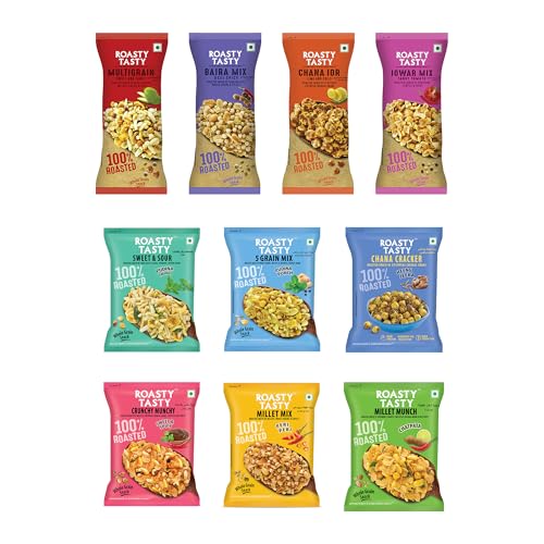 Roasty Tasty Assorted Namkeen Combo | Roasted Millet Snacks Pack | Palm Oil-Free, No Cholesterol, No Trans Fat Snack & Roasted Chana I Replacement to fried Snack, potato chips, bhujiya | Healthy Snacks for Weight Management | Pack of 10