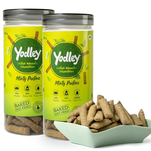 Yodley Millet Masala Munchies - Minty Pudina Flavour - Pack Of 2 | Baked, Not Fried | No Maida, No Palm Oil | Zero Cholesterol | Zero Trans Fat & High In Fiber | Calcium & Iron Rich | Healthy Indian Snack - 150gm