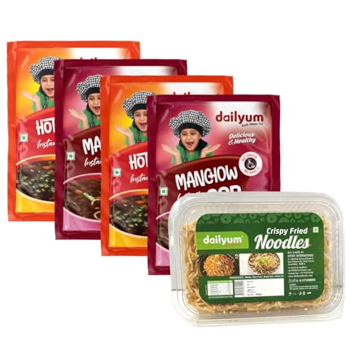 Dailyum Instant Soup Combo of 5 | No Onion No Garlic| 2 Manchow, 2 Hot N Sour-soup 50g each |Crispy Fried Noodles 200g | Natural | No MSG | Jain (Combo B)