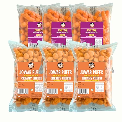 Snack First Baked Jowar Puff Cheese (3)100g & Chitoz Cheese (3)80g, Pack of 6, No Onion No Garlic, Jain, Puffed Snack, Corn Puffs, Healthy Snack, Namkeen,
