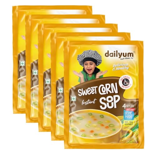 Dailyum Instant Sweet Corn Soup, No Onion No Garlic | Pack of 5 | Ready To Eat Instant Soup |100% Natural | No MSG | Gluten-free | Serves 4 | Jain