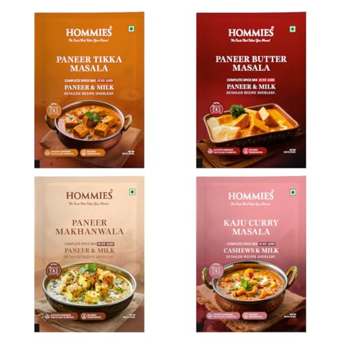 Hommies Paneer Spice Combo Pack of 4, Paneer Tikka Masala, Paneer Butter Masala, Paneer Makhanwala & Kaju Curry Spice Mix, Ready to Cook, Vegetarian, 50 g Each, Total 200 g