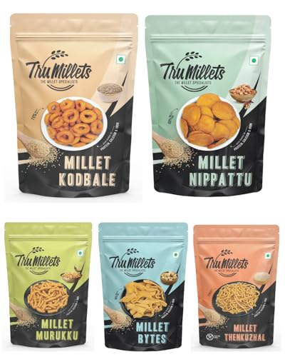 Trumillets Healthy Millet Namkeen Snacks Combo, 25g (Pack of 5),High In Protein,Calcium,Iron,Fibre,No Palm Oil, No Cholesterol, Gluten-Free | Murukku, Bites, Nippatu, Kodbale, Thengol,Keto-Friendly