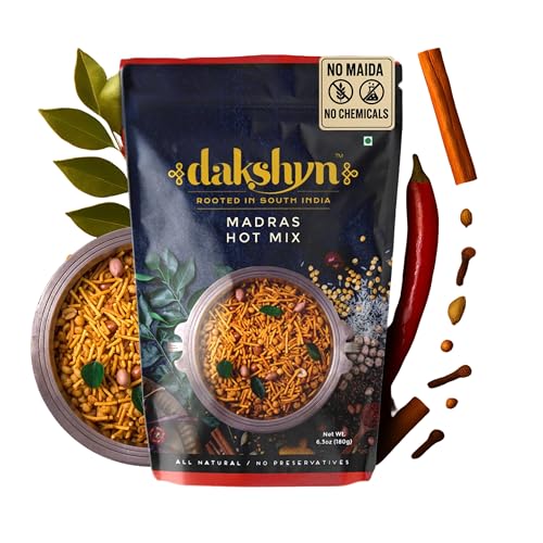 Dakshyn Madras Hot Mix Farsan Snacks Namkeen (250g x Pack of 2) | Jain Snacks No Onion No Garlic | South Indian Spicy Mixture | High in Protein | No Palm Oil | Vegan & Gluten Free