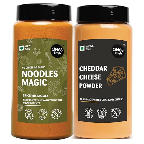 Omas Fresh No Onion No Garlic Noodles Magic Masala & Cheddar Cheese Powder | 250g × 2 Seasoning Combo Pack | Creamy & Spicy Flavours for Pasta, Snacks & Daily Cooking