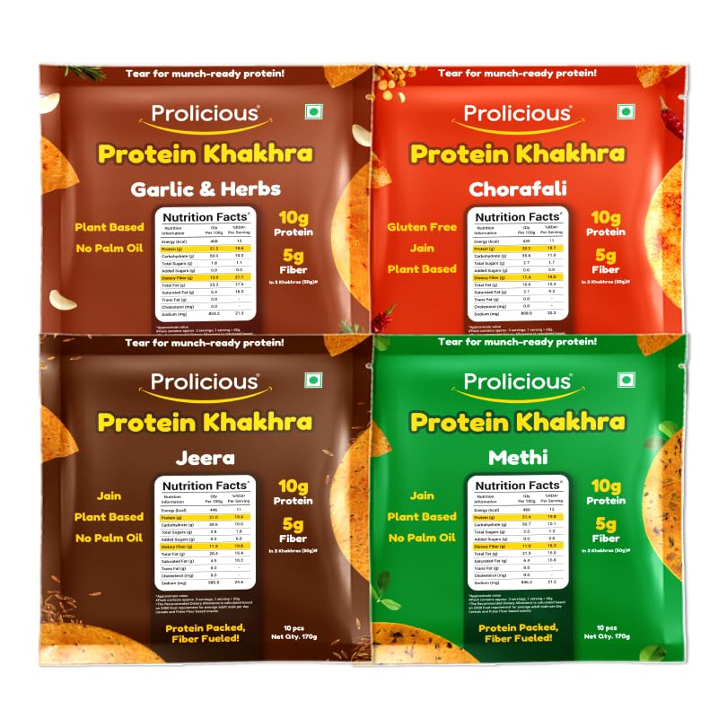 Prolicious High Protein & Fibre-Rich Khakhra Combo Pack | Crispy Healthy Khakhra Snacks | Indian Snack | No Onion No Garlic | Anytime Tea-Time Snack (Pack of 4, 170g Each)