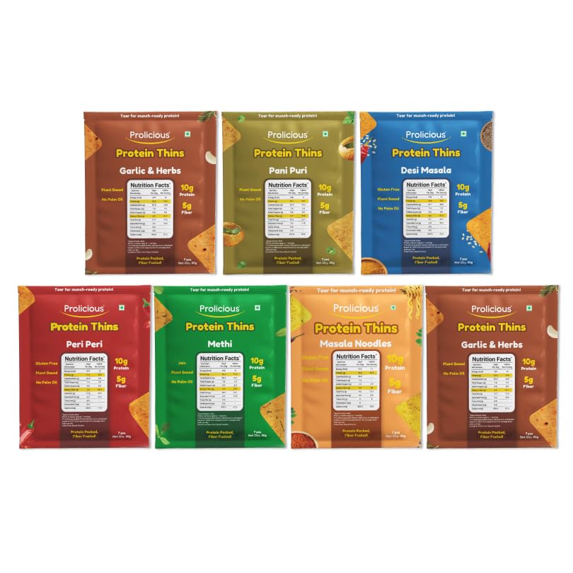 Prolicious Assorted Protein Thins Pack of 7 | Multiflavour Healthy Snack Combo | High Protein & Fibre-Rich Khakhra Thins | No Maida, Anytime Crunchy Snack (50g Each)